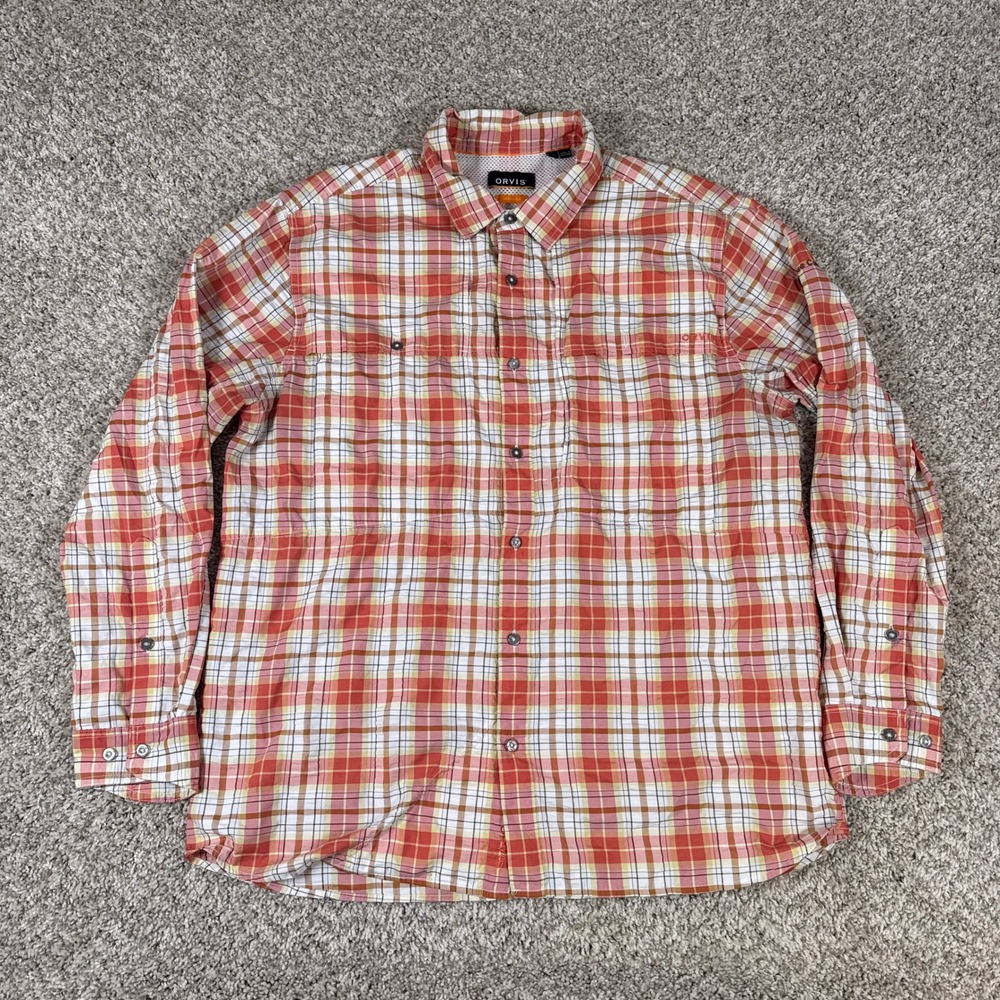 Orvis Shirt Mens Medium Orange Plaid Active Fit Ventilated Fishing Button Down